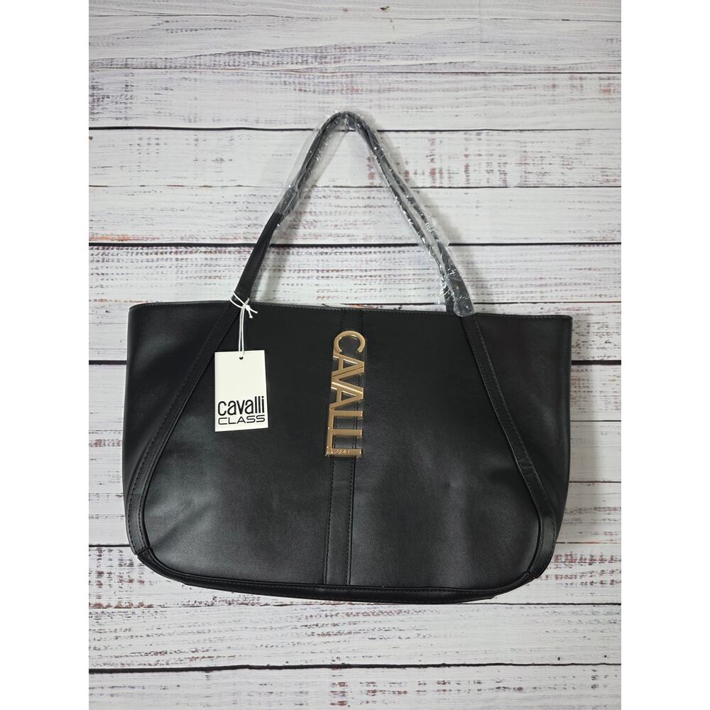 Cavalli Class Sandra Shopper Tote Black Onyx Bag with Gold Accents NWT